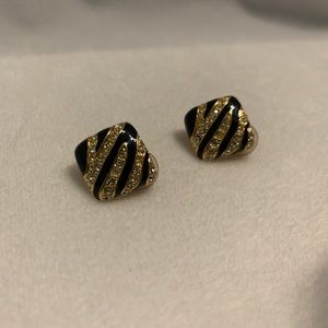 Rhinestone Inlay Black Onyx Costume Earrings